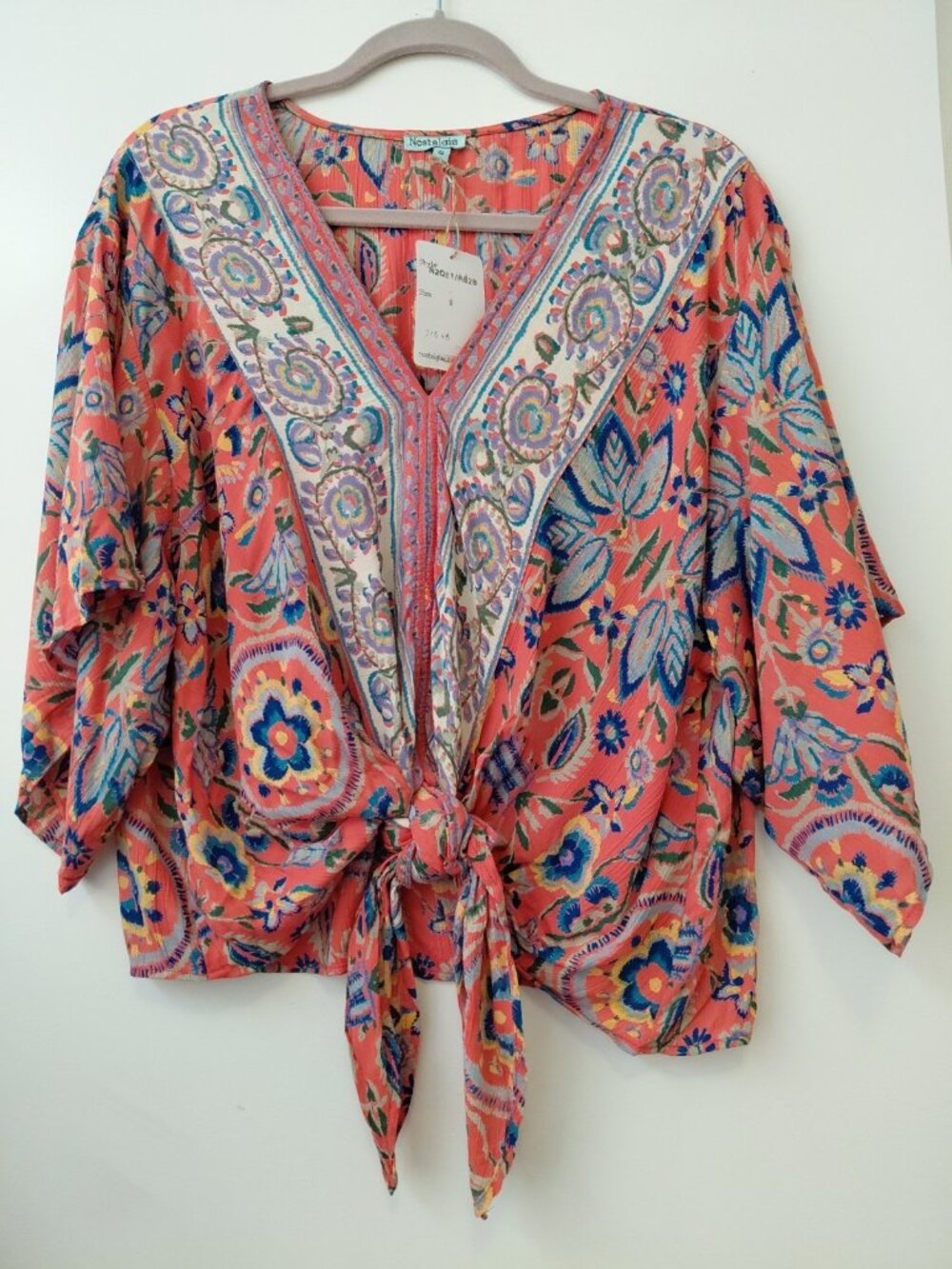 Nostalgia Kimono Sleeve Floral Print Waist Tie Blouse Coral Small NWT